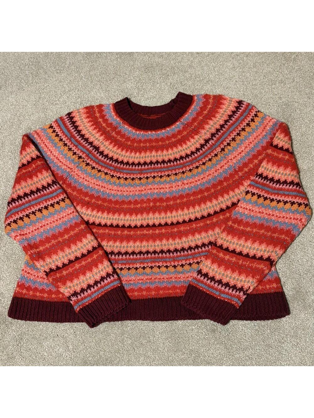 American Eagle Womens Fair Isle Colorful Knit Sweater Red Pink Oversize, Sz XL